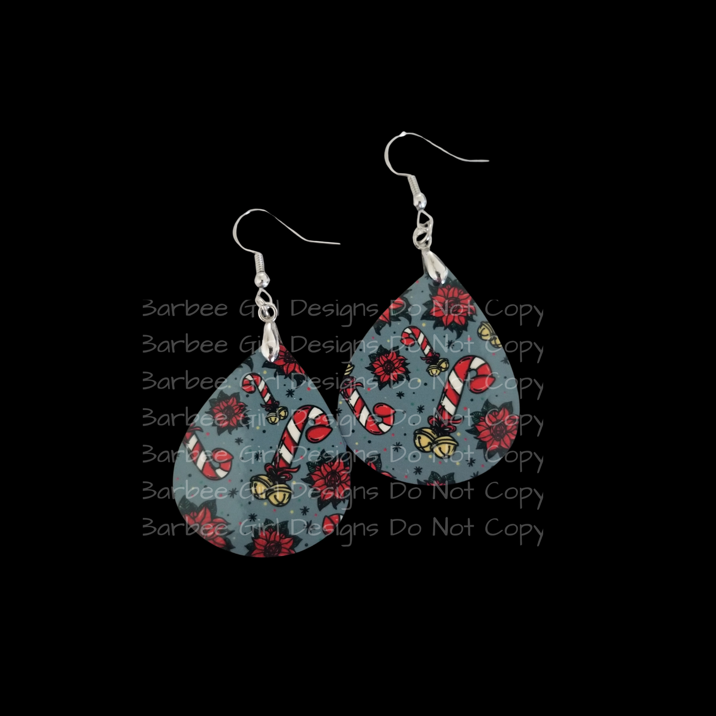 Adult Earrings with Festive Candy Cane Peen and Poinsettia Vag Design