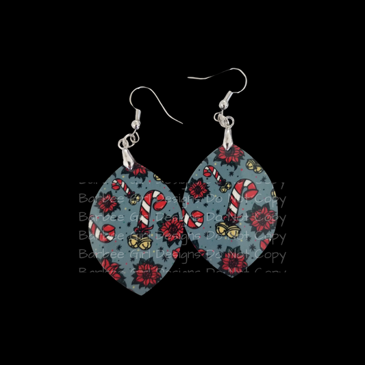 Adult Earrings with Festive Candy Cane Peen and Poinsettia Vag Design