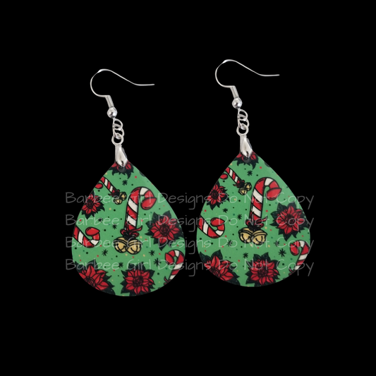 Adult Earrings with Festive Candy Cane Peen and Poinsettia Vag Design