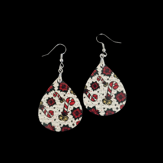 Adult Earrings with Festive Candy Cane Peen and Poinsettia Vag Design