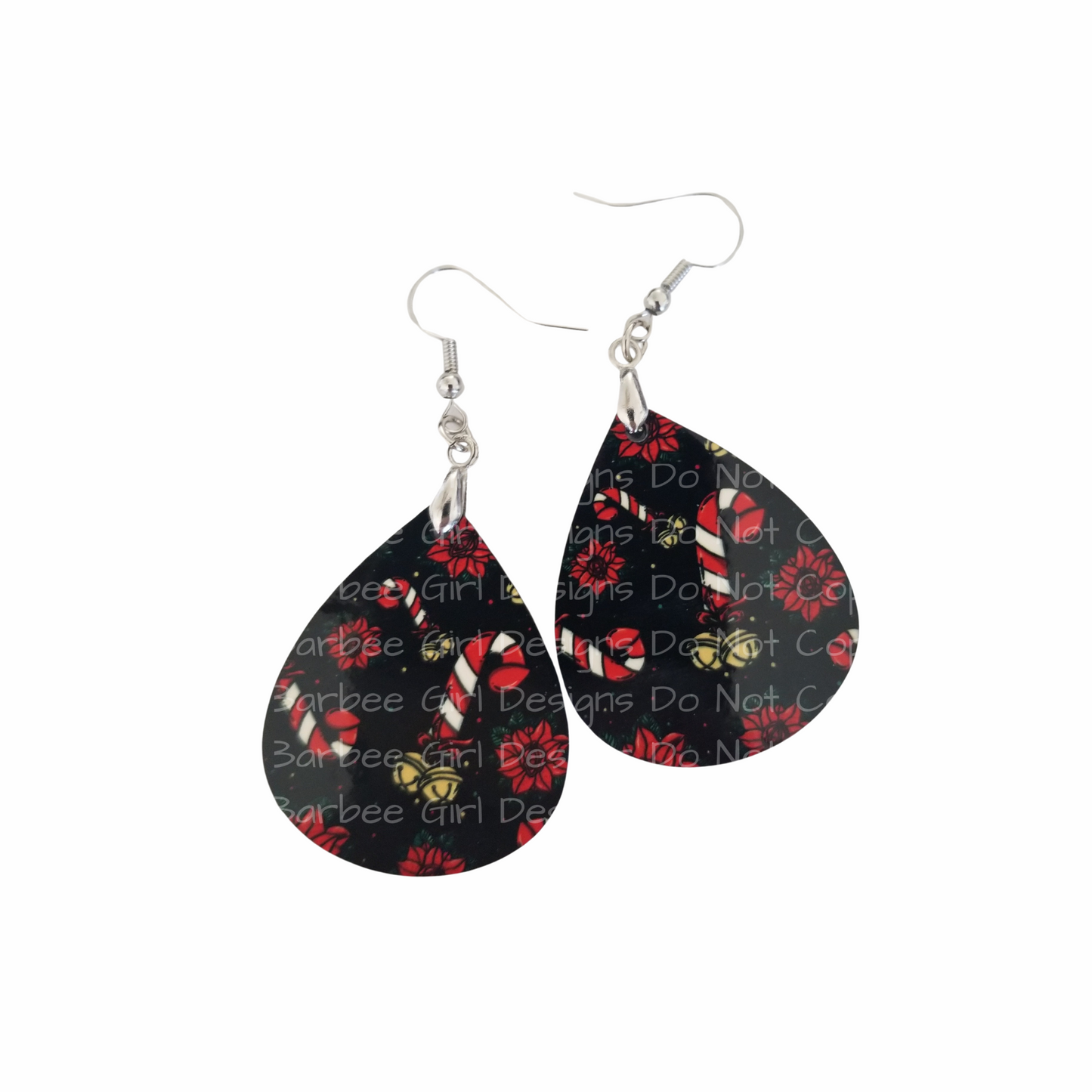 Adult Earrings with Festive Candy Cane Peen and Poinsettia Vag Design