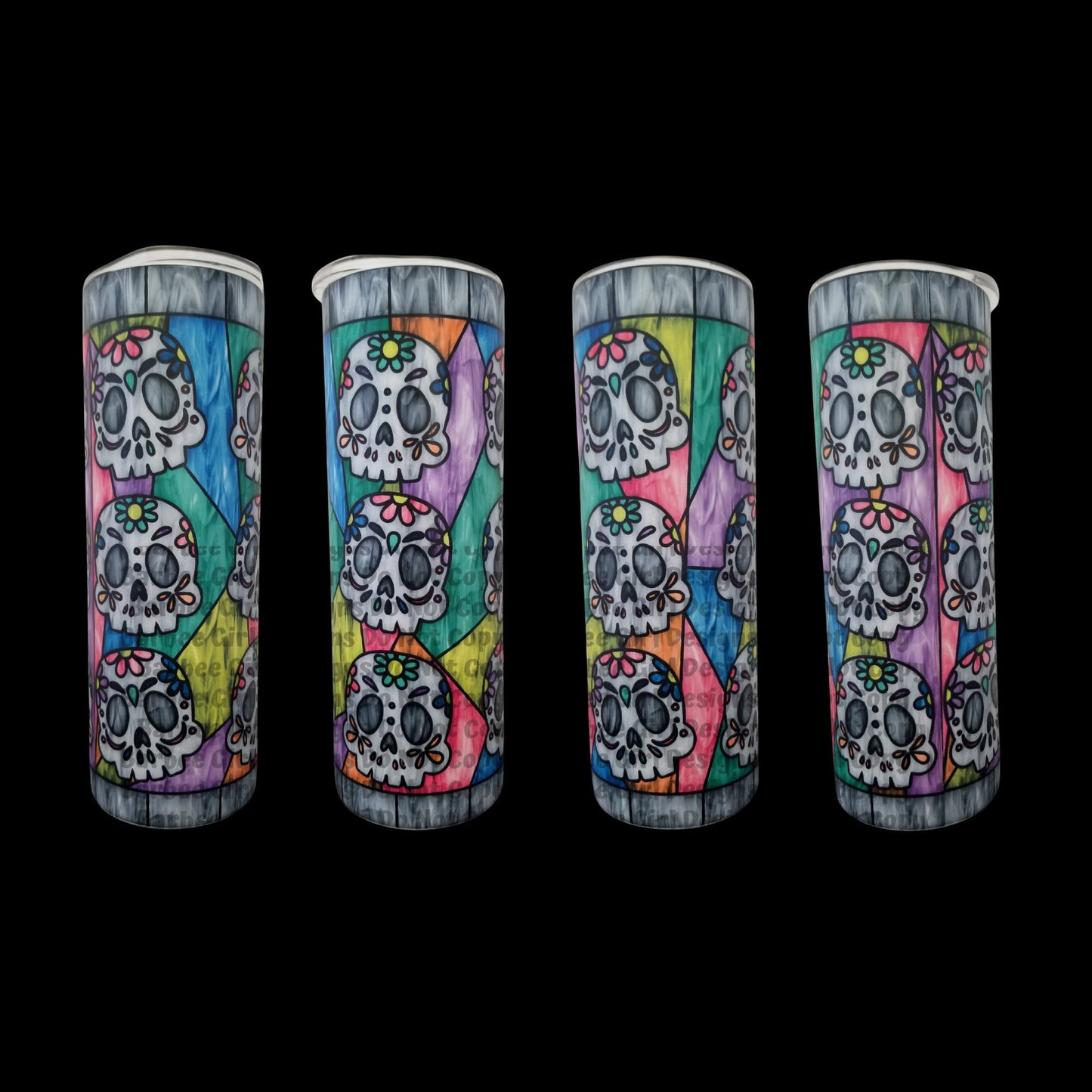 20 oz Stainless Steel Glow in the Dark Skinny Tumbler with Stained Glass Sugar Skull Design