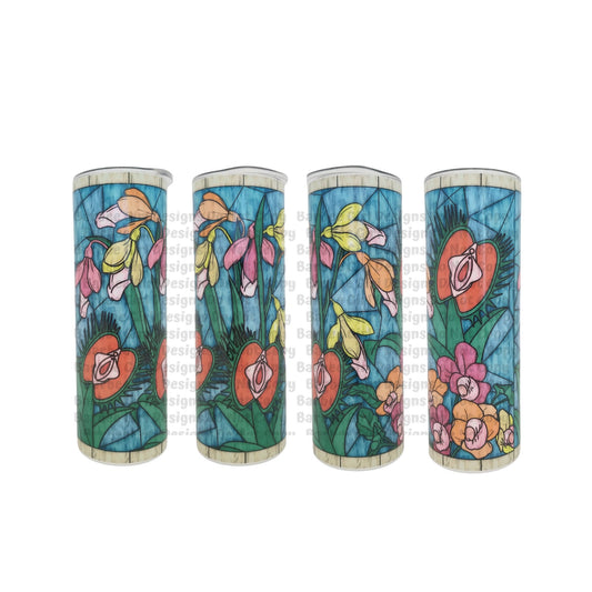 20oz Stainless Steel Skinny Tumbler with Stained Glass looking Peen Flowers and Penis Fly Traps