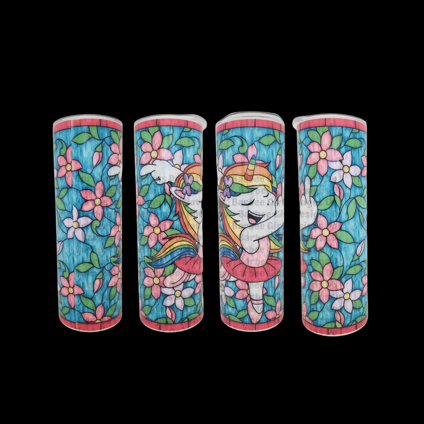 20 oz Stainless Steel Skinny Tumbler with Stained Glass Looking Naughty Ballerina Unicorn